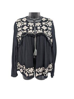 Embroidered Peasant Cardigan Gauze Top Front Tie Festival Cottage Resort Size M